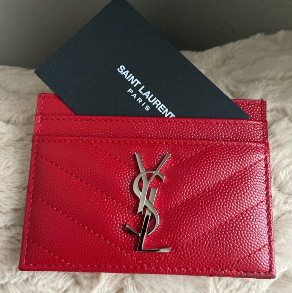 **NEW*** SAINT LAURENT Monogram YSL Card Holder Red with Nickel Hardware $350